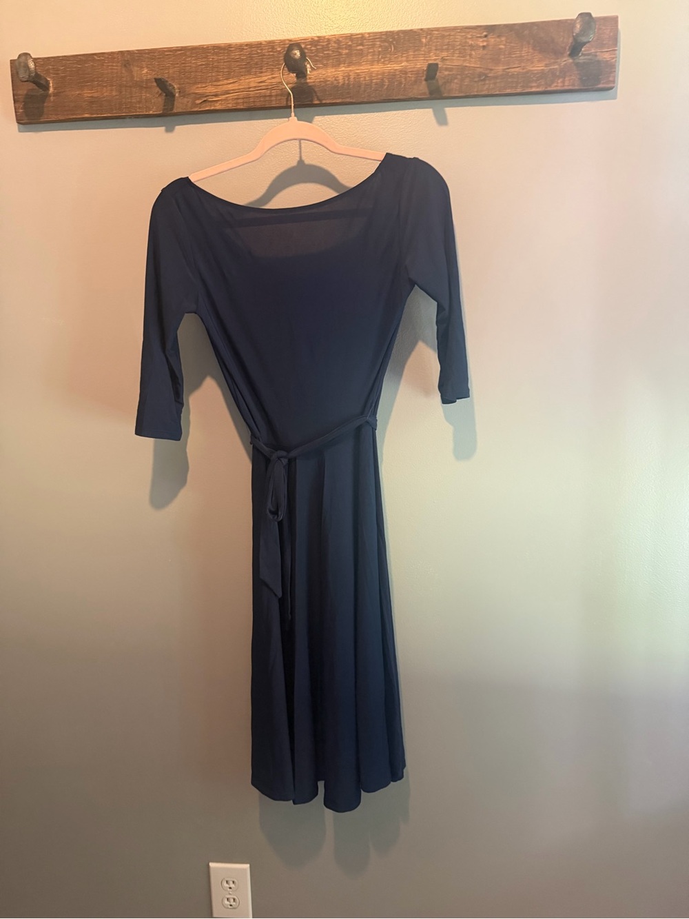 Leota Navy Belted Midi Dress with Three-Quarter Sleeves